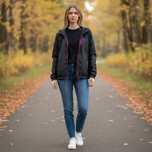 Columbia Womens Windbreaker Jacket Black Pink Full Zip Hooded Shell Large